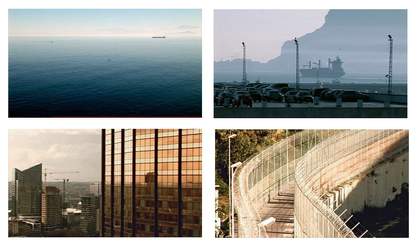 Stills from Herman Asselberghs Capsular 2006 images of the sea city buildings and a harbour 