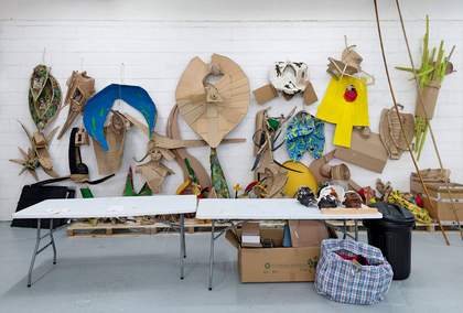 View of the interior of Hew Locke's studio with work-in-progress