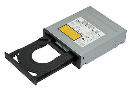 Grey box with extending black tray for a CD to sit in