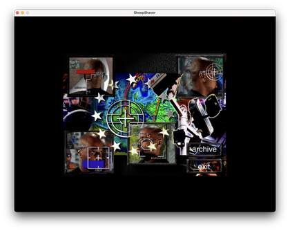 Screenshot showing collage of images including a map, graphics of white stars, various angles of a man’s head, a CCTV camera and riot police. Buttons read ‘archive’ and ‘exit’