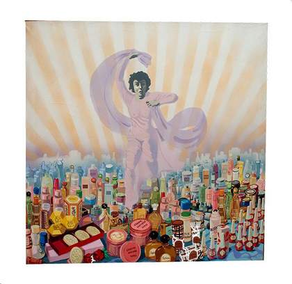 Painting of a person standing with against a sunray background surrounded by pop products