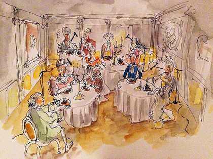 Ragnar Kjartansson Variation on Meat Joy 2013, colour drawing of people at function dining