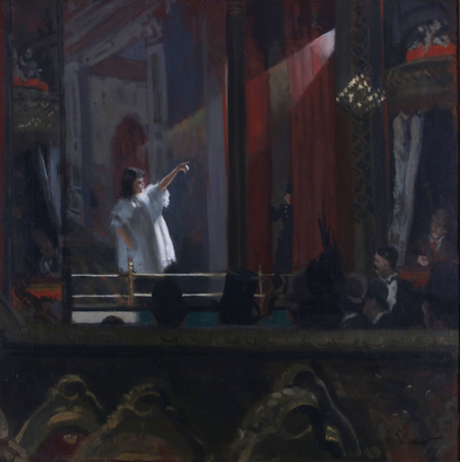 painting of a performer in a white dress, spotlit on a stage and surrounded by an audience.