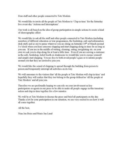 Letter from Nina Jan Beier and Marie Jan Lund to members of staff at Tate