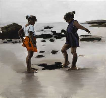 Painting of two girls standing on a beach with bare feet