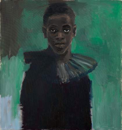 Painting of a person staring at the viewer, wearing a collar 