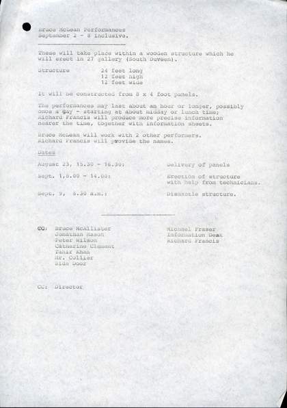 Bruce McLean, Good Manners and Physical Violence 1985, preliminary plans for the performance, Tate Archive