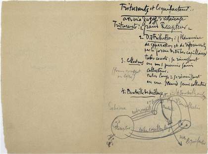 Marcel Duchamp Note autographe pour "Le grand verre" : Triturants et liquéfacteur [n° 1, 2, 3, 4, 5, 6, 7], 1912–68