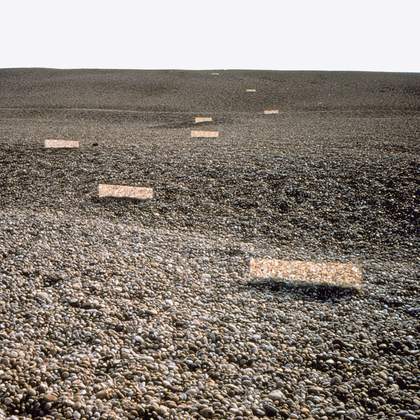 Robert Smithson's Mirror Displacement constructed on Chesil Beach, Dorset and photographed by the artist (1969)