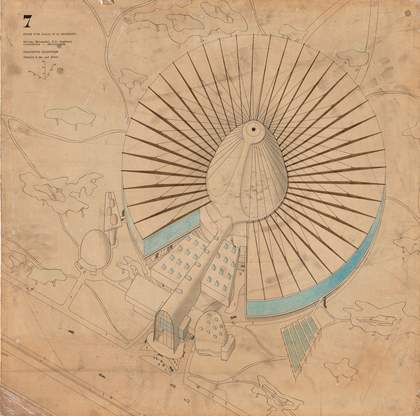 Paul Nelson’s aerial perspective drawing for the unrealised Palais de la Découverte project, Paris