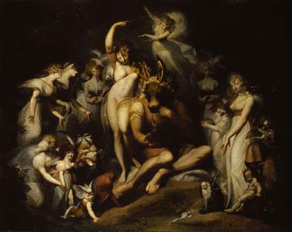 A number of half clothes women and children stand around a woman holding a wand and a man with a donkeys head. The figures are pale but their surroundings are very dark.