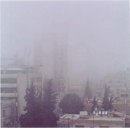 Amman in the snow, Jordan series photograph from Nahnou Together exhibition at Tate Britain, hazy image of the sitting skyline