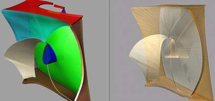 Naum Gabo Construction in Space ‘Crystal’coloured to show the different sections from which this sculpture has been constructed