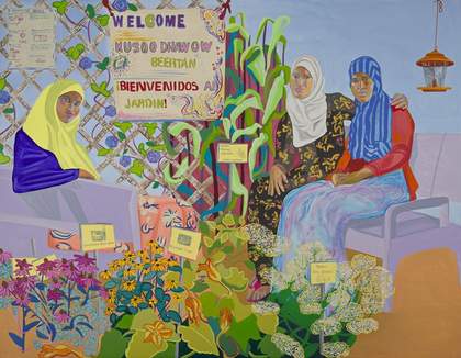 Aliza Nisenbaum Nimo, Sumiya, and Bisharo harvesting flowers and vegetables at Hope Community Garden 2017 © Aliza Nisenbaum. Courtesy the artist and Minneapolis Institute of Art, Minneapolis, Anton Kern Gallery, New York