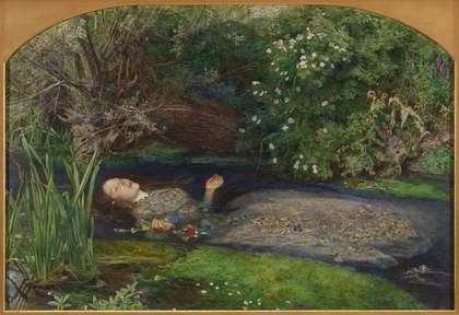 painting of Ophelia laying face upwards in a lake, wearing an embroidered dress and holding flowers