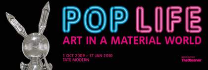 Banner design with a black background and the words Pop Life written in blue and pink neon lights