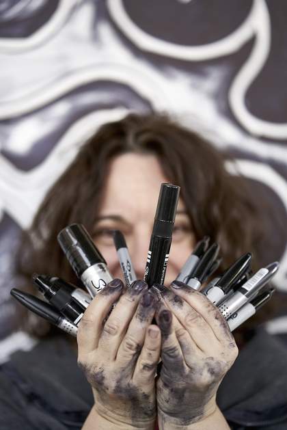 Aleksandra Mir celebrates finishing her Space Tapestry, 2017