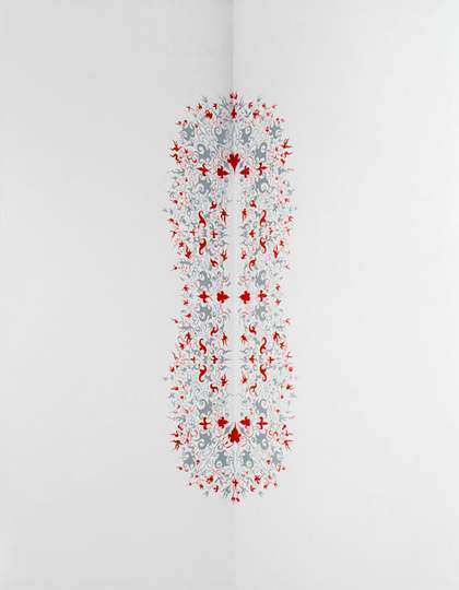 Richard Wright Untitled 2002 red and grey pattern at the corner of two white gallery walls