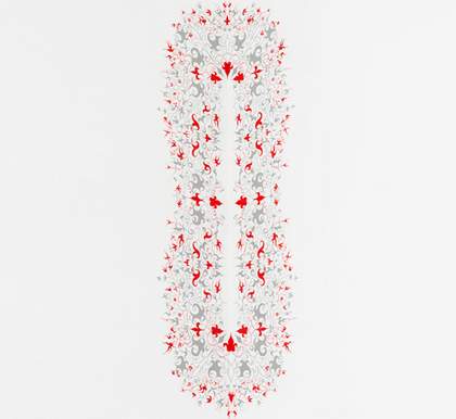 A wall painting by Richard Wright - a red and grey pattern in a figure of eight