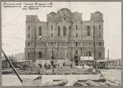 Photograph from a Stalin-era album showing the destruction of the Alexander Nevsky Cathedral in Moscow's Miusskaya Square in the 1930s