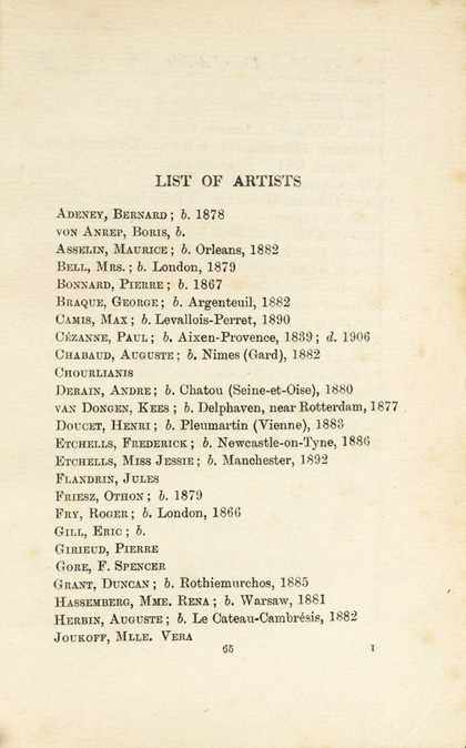  Exhibition Catalogue 'Second Post-Impressionist Exhibition', list of artists, Tate Bloomsbury resource