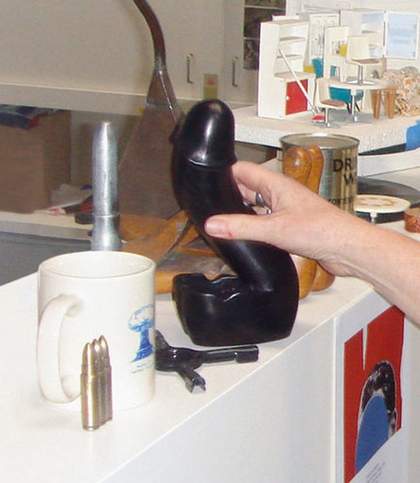 A selection of items in Rachel Whitereads studio including a penis ashtray bought by the artist in Egypt