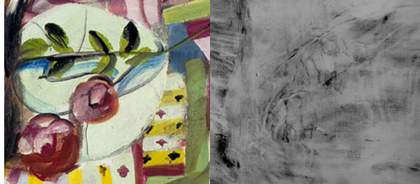 Similar downward pointing roses in Self Portrait: Still Life (left), and Wings over Water x-radiograph (right)