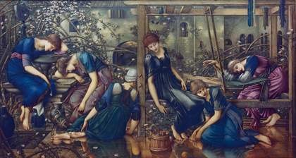 Painting by Sir Edward Coley Burne-Jones titled The Garden Court