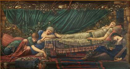 Painting by Sir Edward Coley Burne-Jones titled The Rose Bower