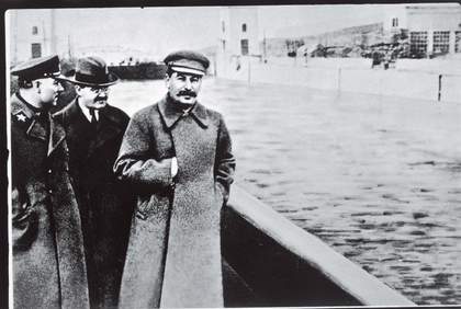 Undated photograph of Voroshilov, Molotov and Stalin, with Nikolai Yezhov, commissar of water transport, deleted. He was shot in 1940