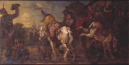 Fig.1 Francis Le Piper ?16401695 Hudibras’s First Encounter with the Bear-Baiters c.1664-77 Oil paint on panel 216 x 425 mm T00620
