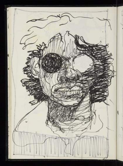 A continuous line drawing by Donald Rodney in black pen on white paper