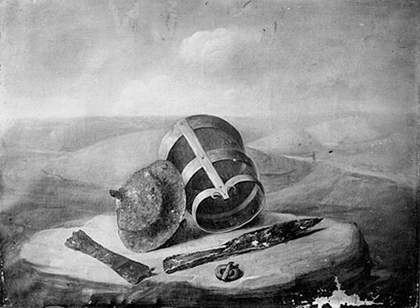 Thomas Guest Grave group from a surface interment at Winterslow, bucket, shield boss and dagger; landscape background [Saxon] 1814