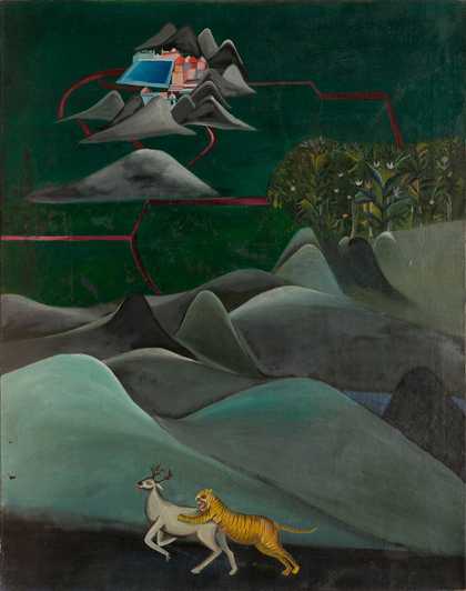 Painting of tiger hunting a stag amidst hilltops in the foreground with an urban landscape in the far background. 