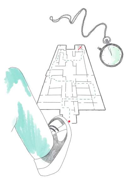 illustration of a leg about to stand on a floorplan, a compass is also on the floor