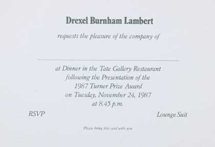 Turner Prize 1987 dinner invitation