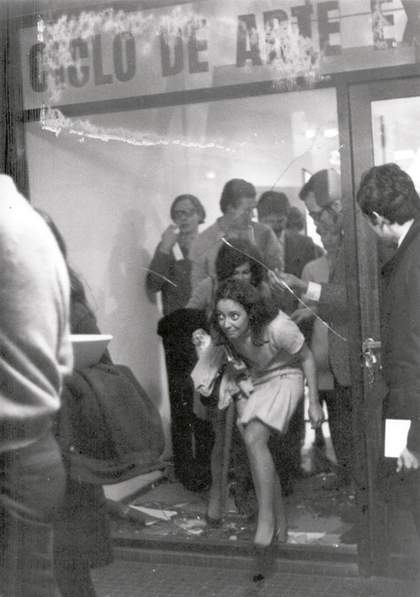 Inside and outside views of Graciela Carnevale action as part of the Cycle of Experimental Art Rosario