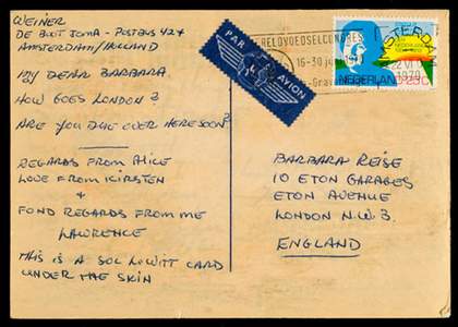 Back of a postcard from Lawrence Weiner to Barbera Reise postmarked 16 June 1970