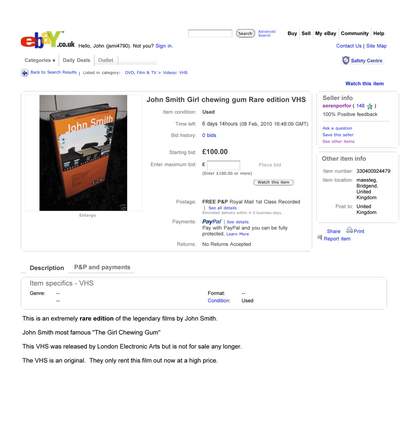 eBay listing posted by serenporfor showing 'John Smith Girl chewing gum Rare edition VHS', February 2010