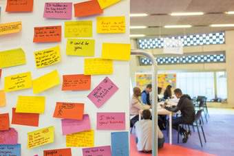 Sticky notes on the wall from a brainstorm